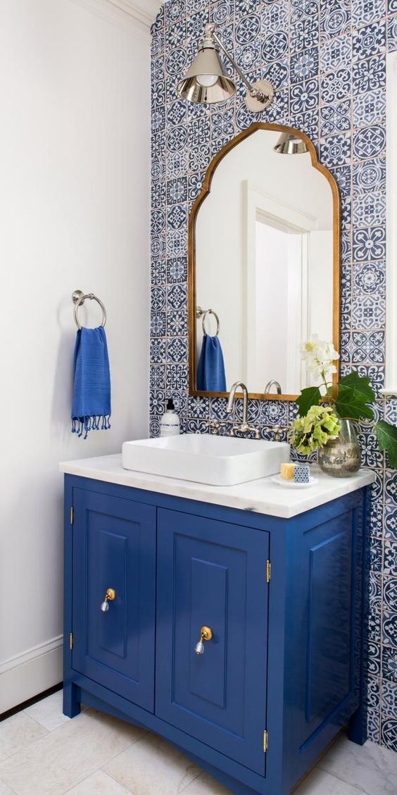 White Mosaic Tile Blue Bathroom Wall Accent