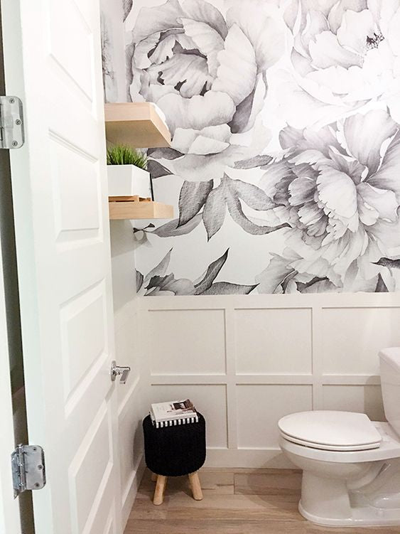 Floral Black and White Wallpaper for Bathroom Accent Wall
