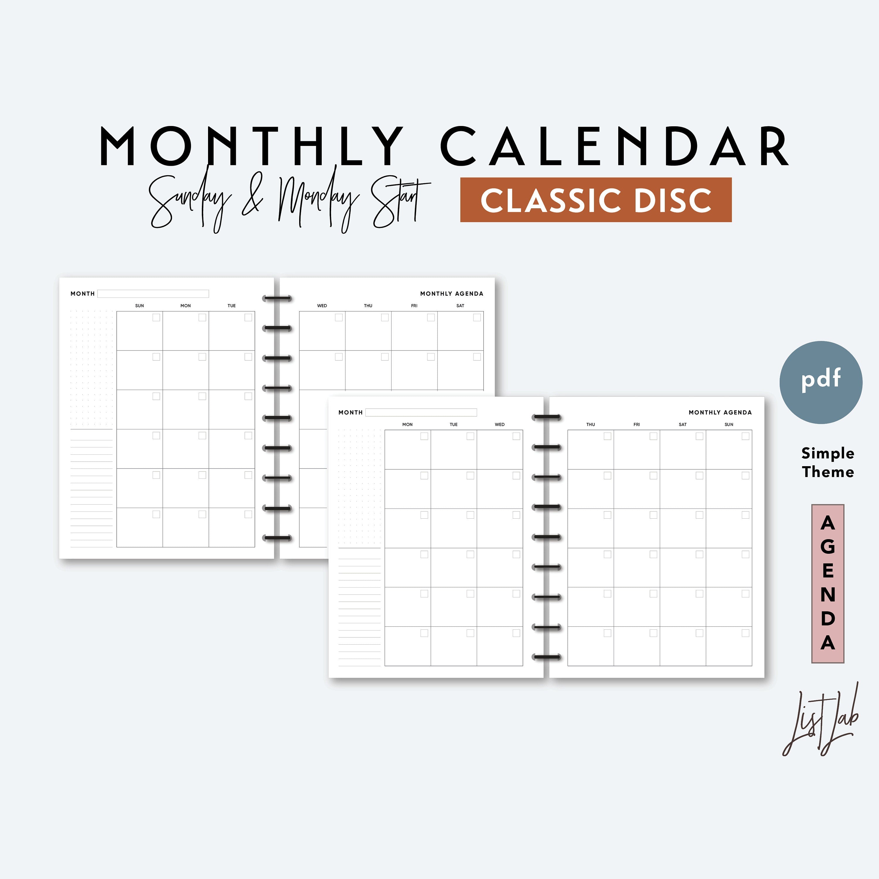 Classic Discbound MONTH on 2 PAGES CALENDAR Printable Insert SetN