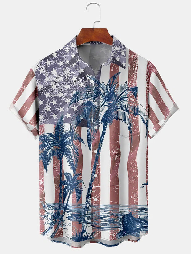 Fydude Men'S Independence Day Flag And Coconut Trees Print Shirt
