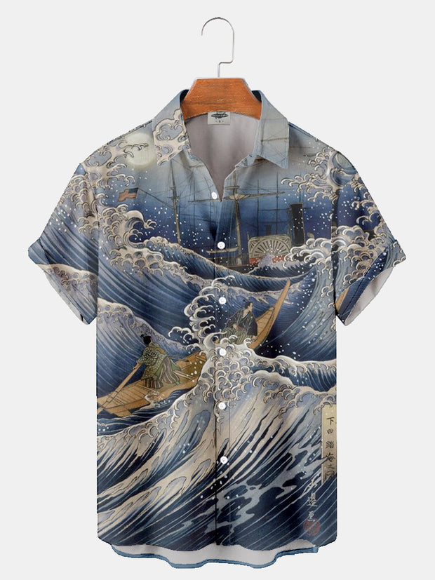 Fydude Men's ukiyo-e marine Japanese Hawaiian print shirt