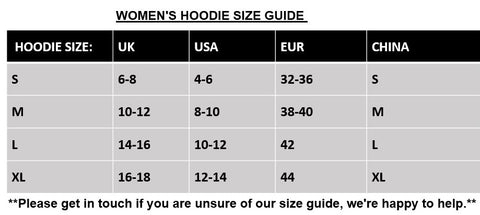 Black and Gold Women's Hoodie size chart