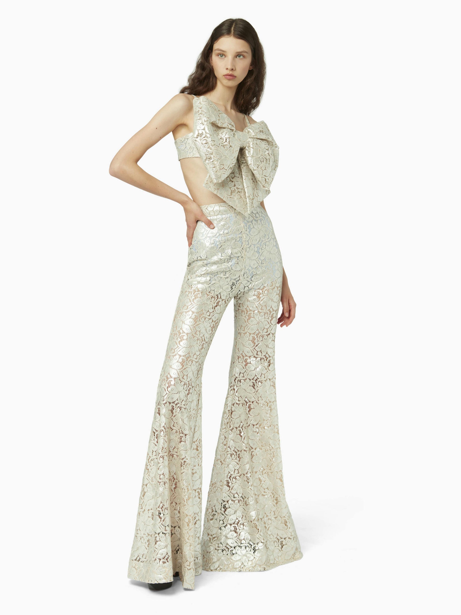 Guipure lace flare pants in silver - Nina Ricci
