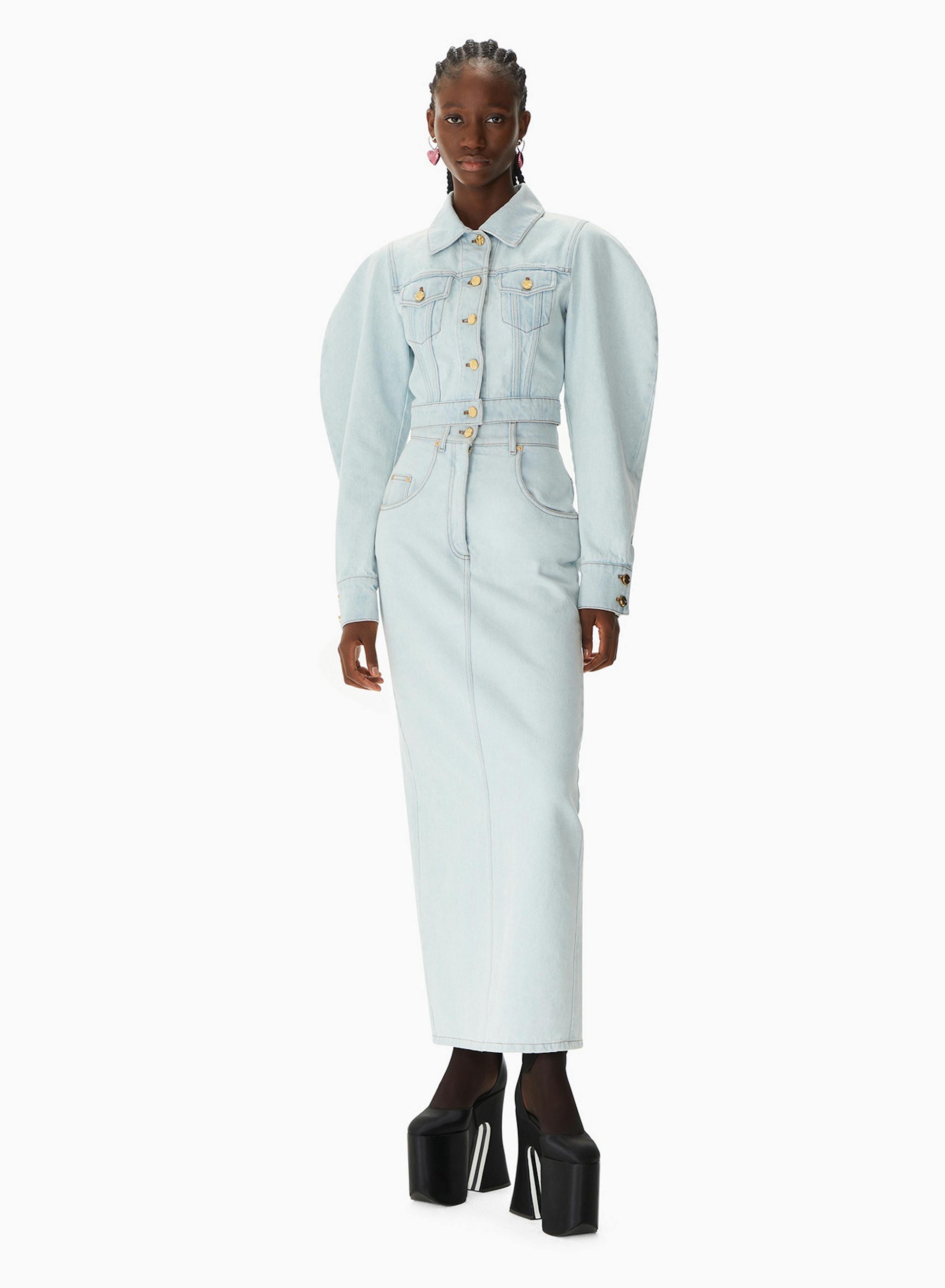 Long Denim Skirt With Slit Faded Blue - Nina Ricci