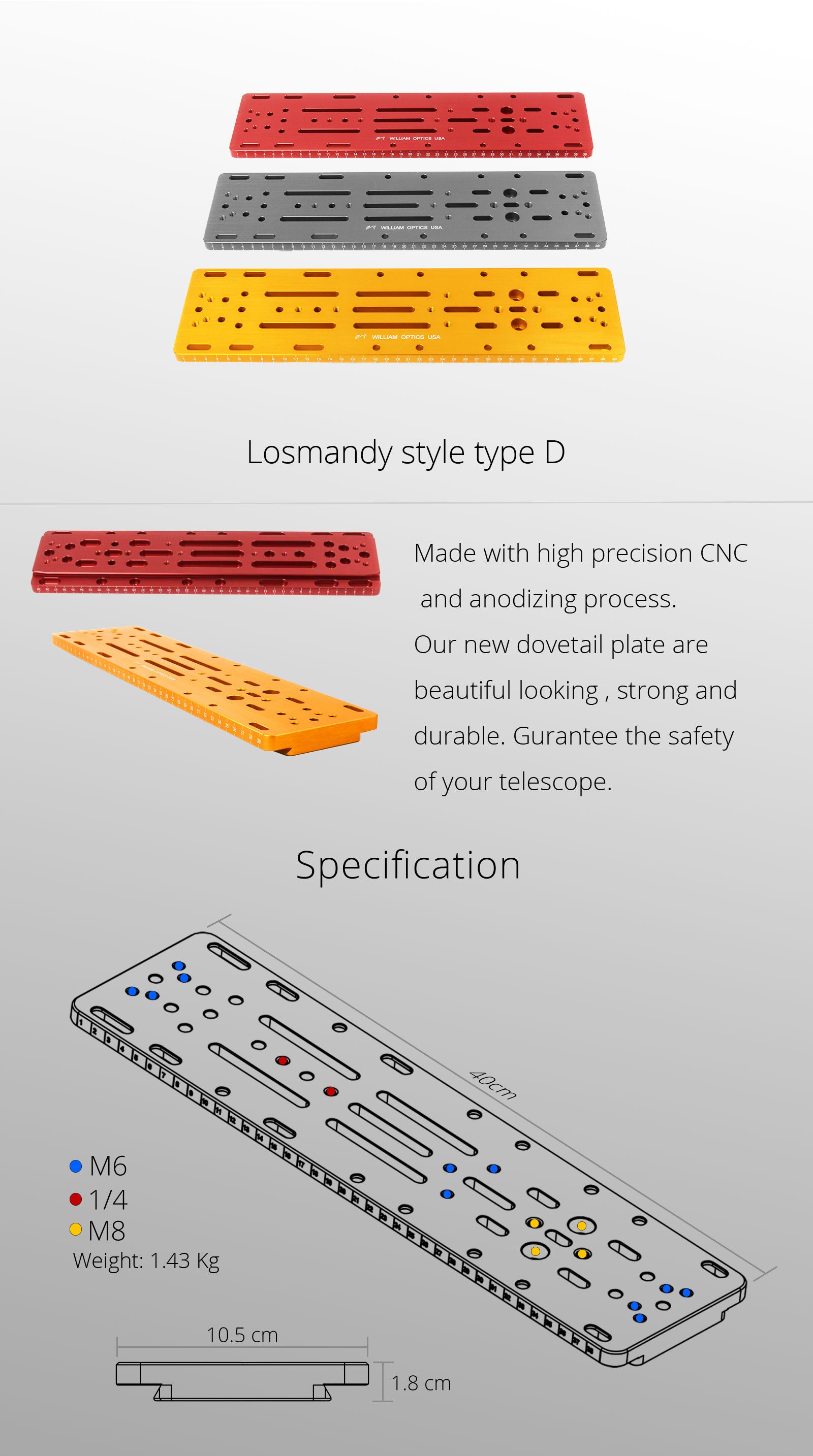 William Optics 400mm Losmandy style dovetail plate