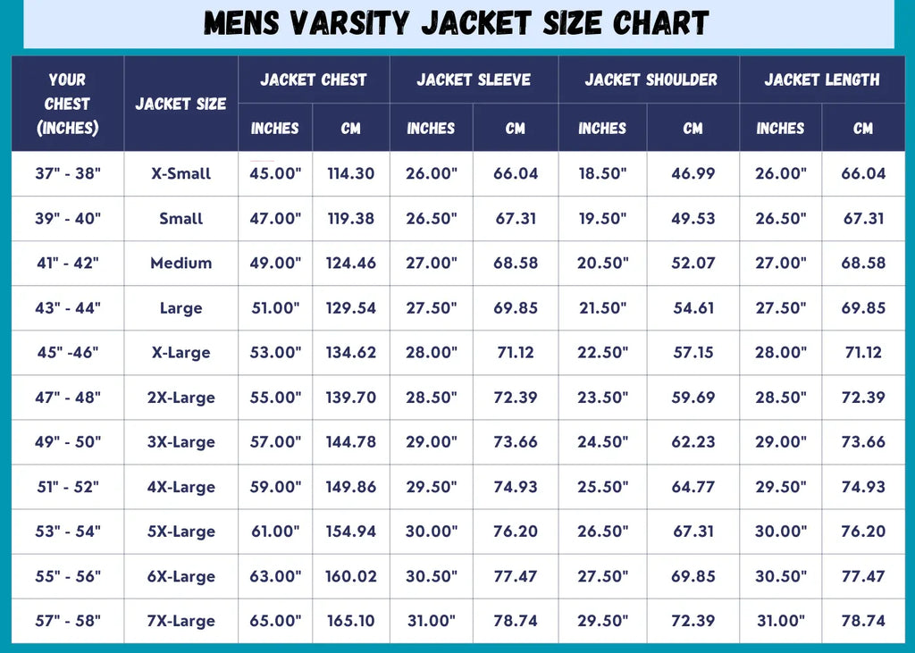 Mens Varsity Jacket Size Chart