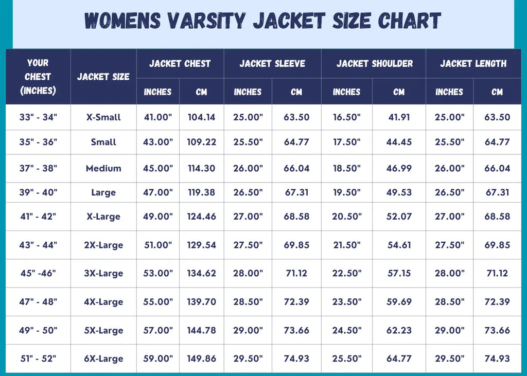 Womens Varsity Jacket Size Chart