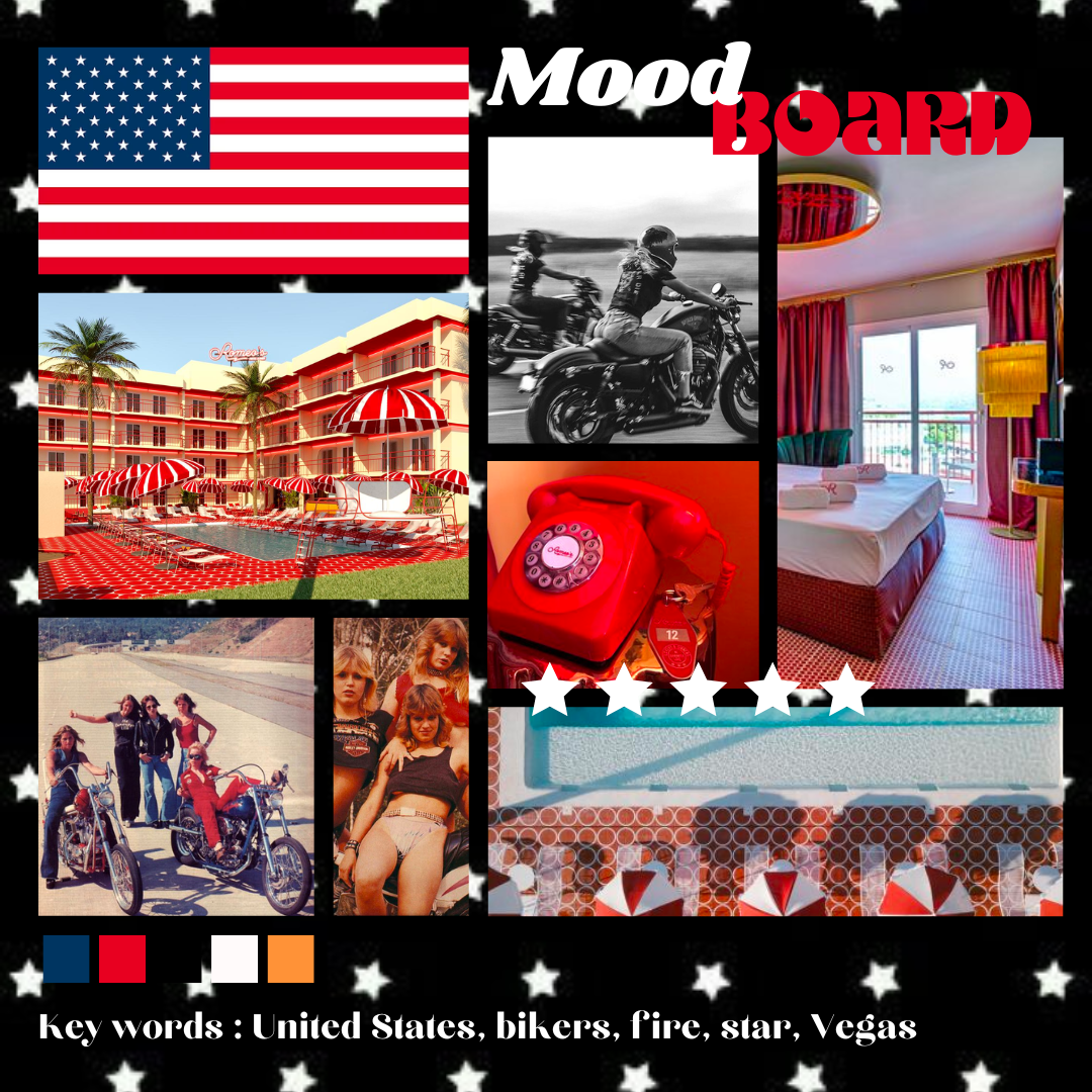 Moodboard prochaine collection Adyctive, inspiration Vegas United States Bikers Fire Star Burger Romeo's Ibiza Vintage Red Blue White