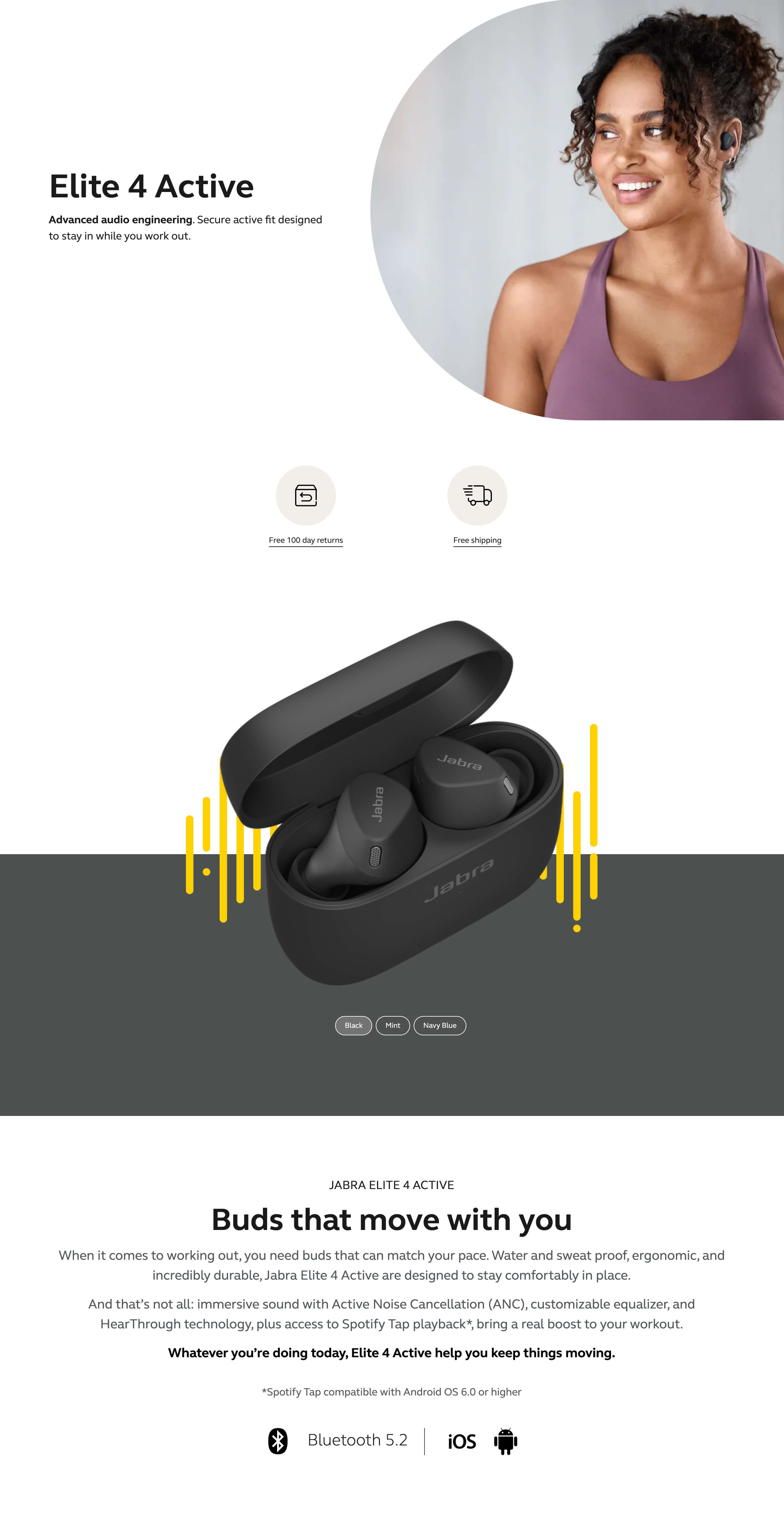 Jabra Elite 4 Active Wireless Earbuds Black True Wireless Headphones Black