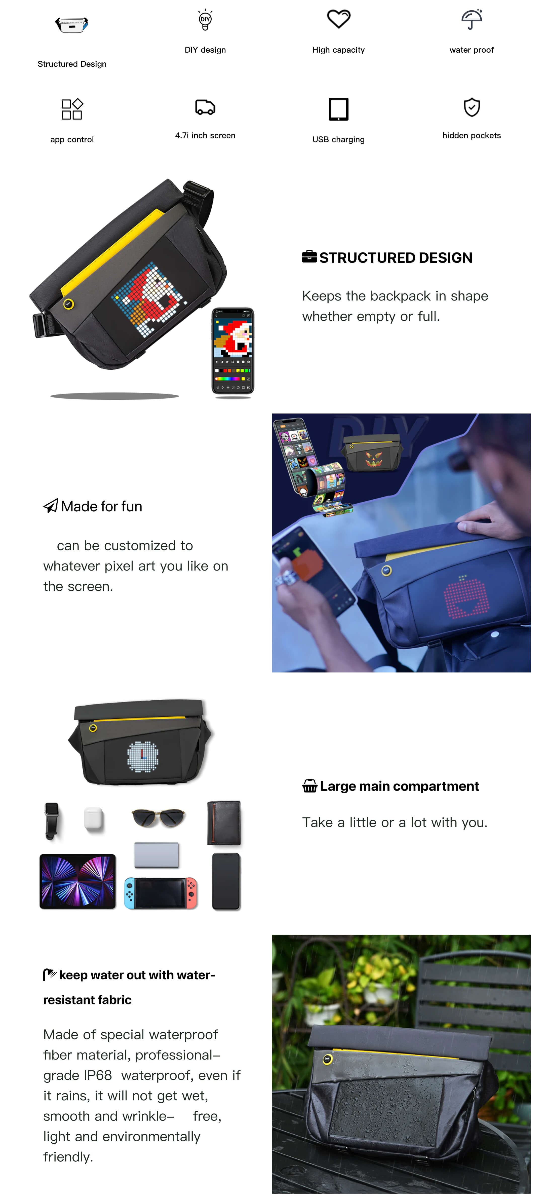 Divoom Customizable Pixel Art Pixoo Backpack and Sling Bag