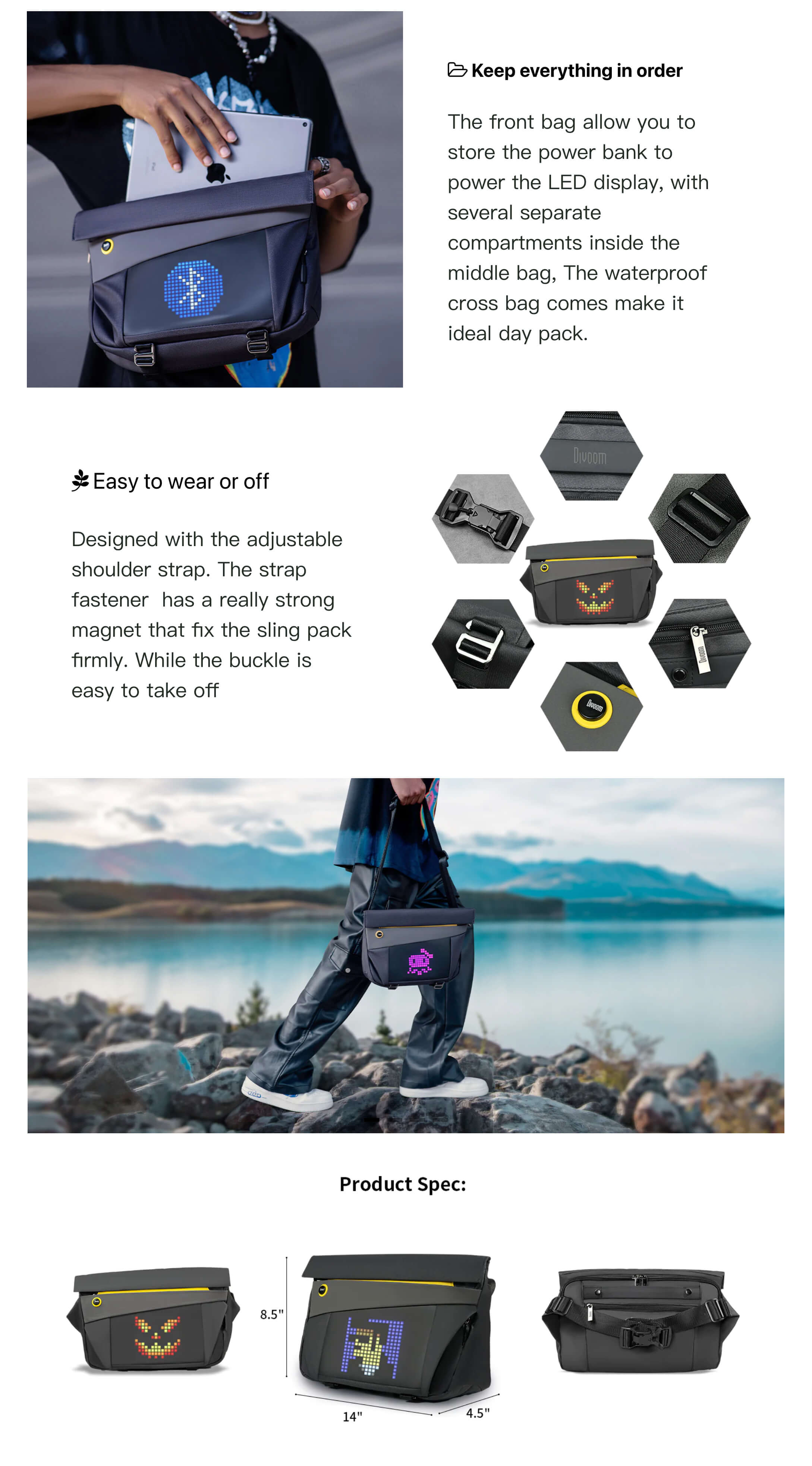 Divoom Sling Bag-V Customizable Pixel Art Fashion Design Outdoor Sport Waterproof Mens and Women's Messenger Bag