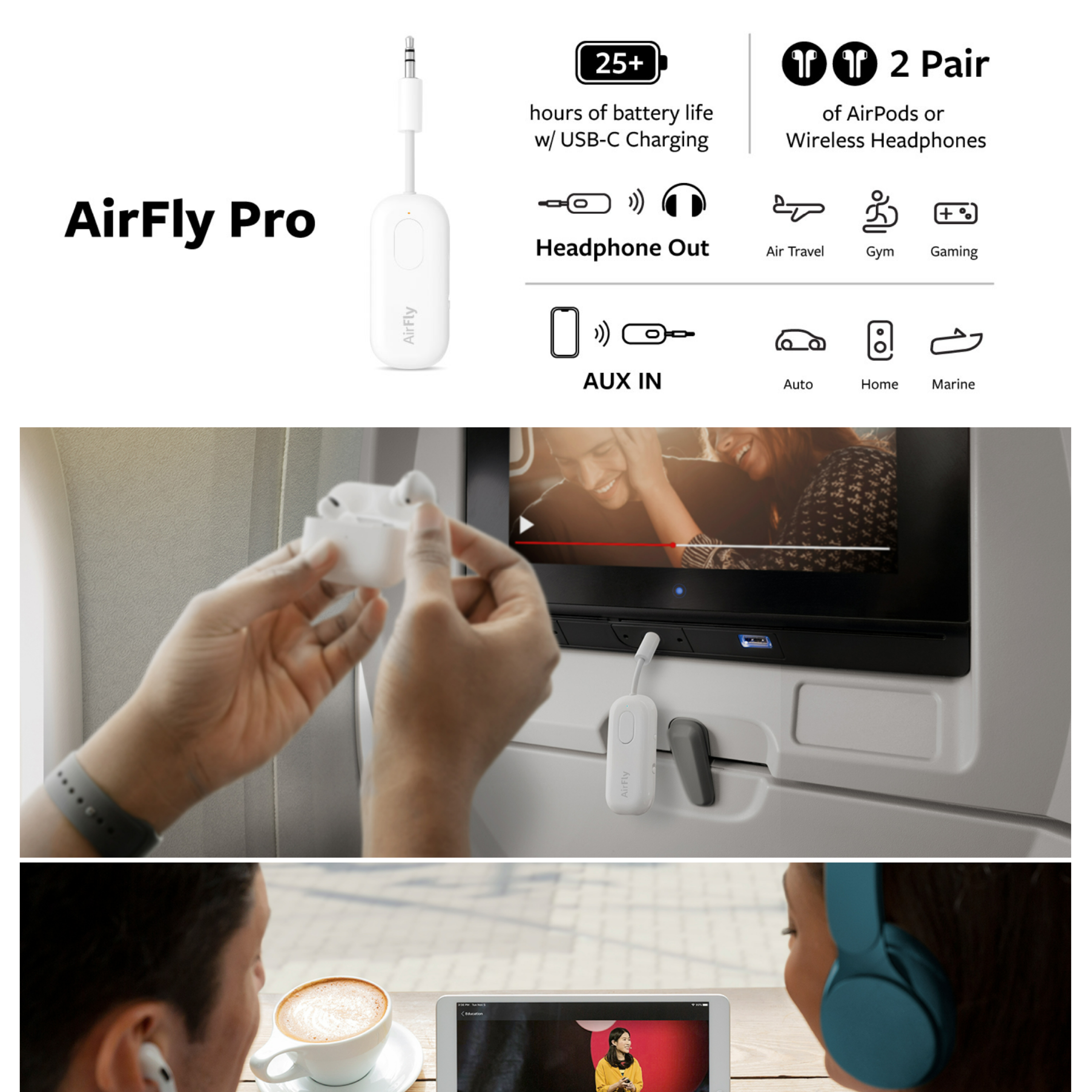AirFly Pro  Bluetooth transmitter connects wireless headphones to