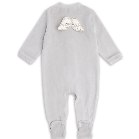 Grey velour baby sleepsuit with silver angel wings