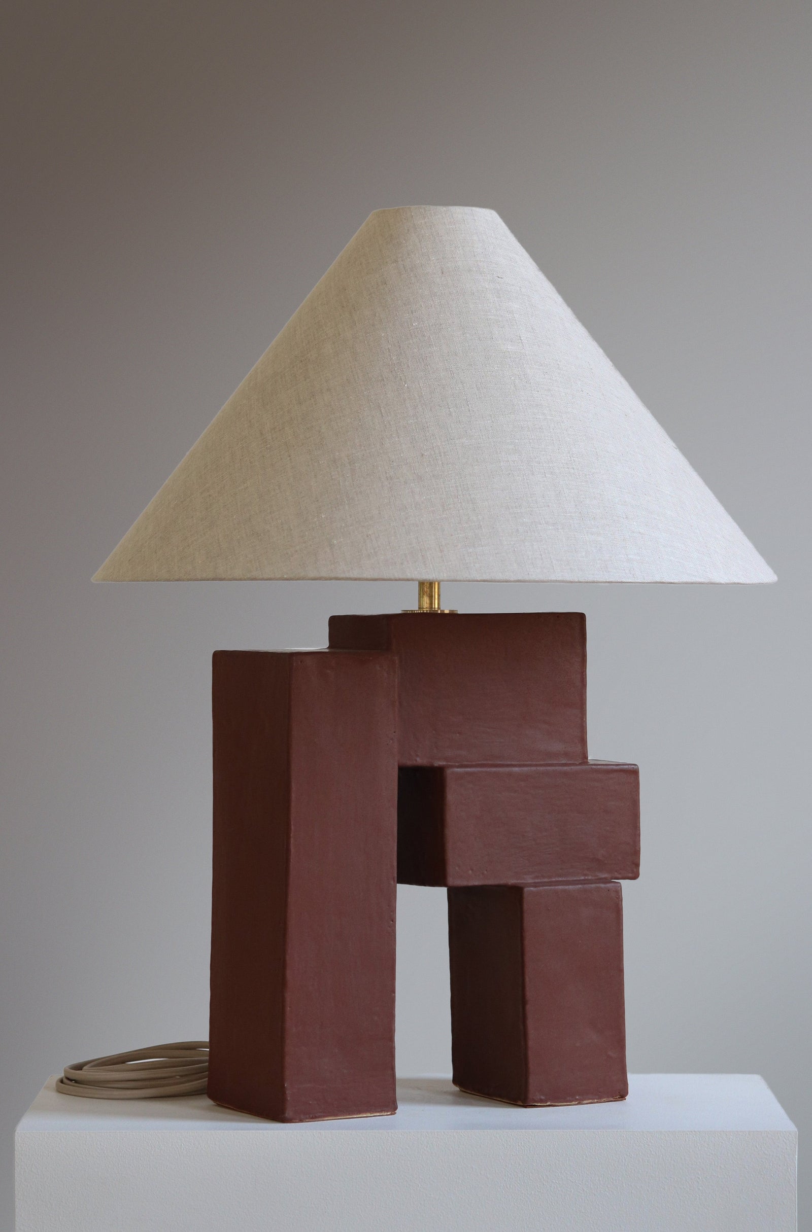 Emma Lamp shown in Chestnut Finish with Oatmeal Linen Shade