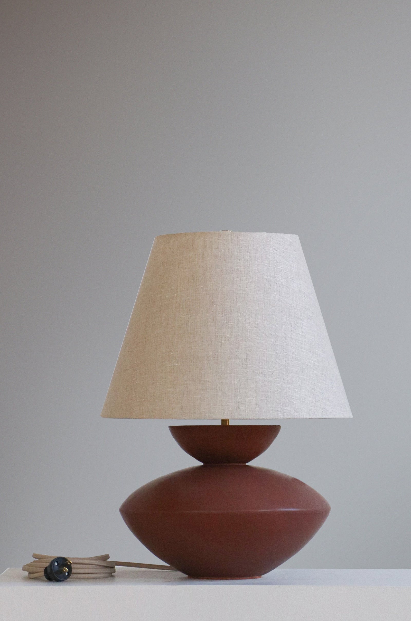 Varinia Lamp in Chestnut with Oatmeal Linen Shade