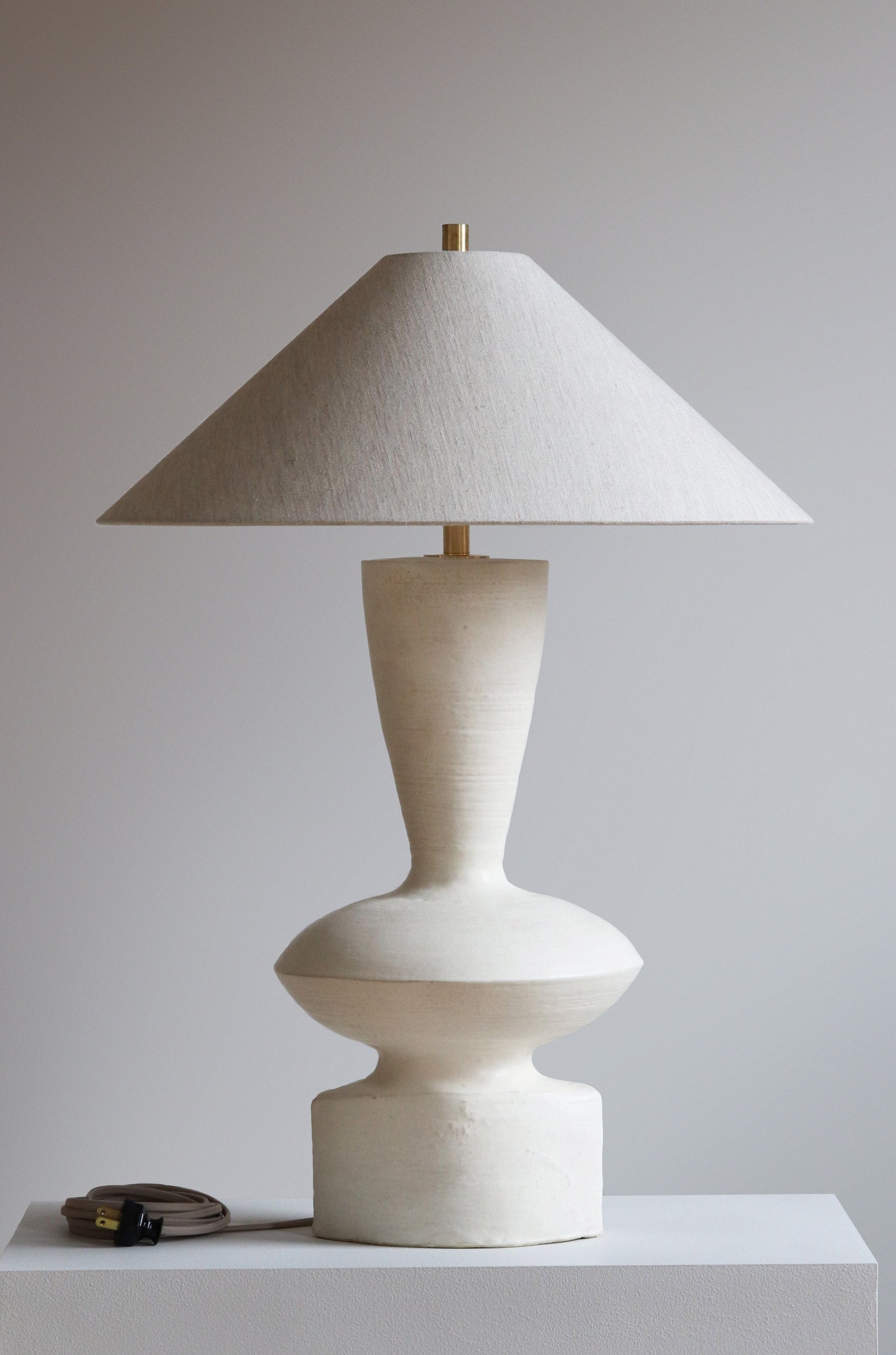 Luna Lamp in Stone with Oatmeal linen shade
