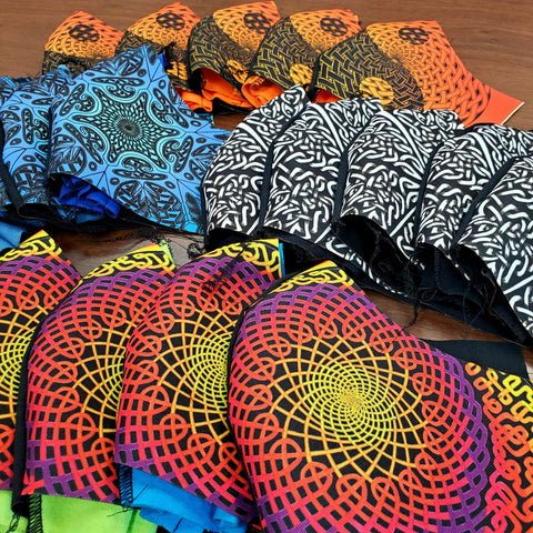 Printed masks with local artist Akhilesh's colorful art.