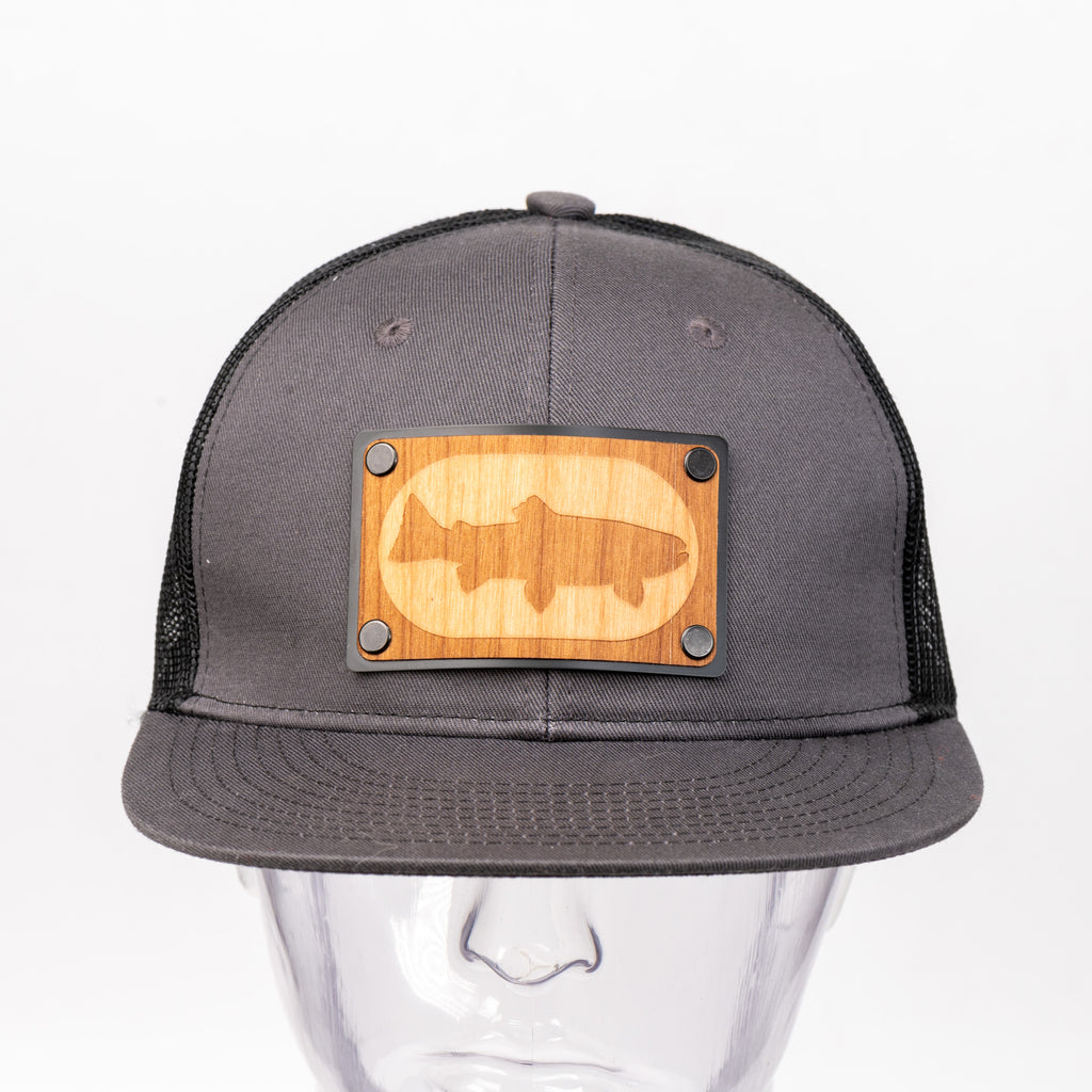 Steel Grey & White Mesh All Wood Patch Trout Silhouetted Trucker