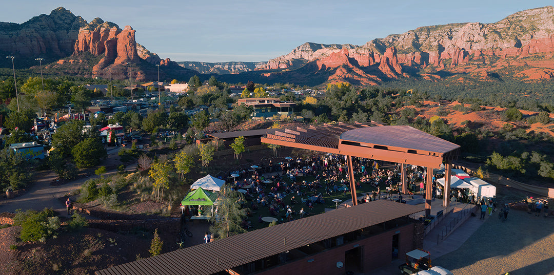 sedona mountain bike festival look out over pavilion with red rock mountain background