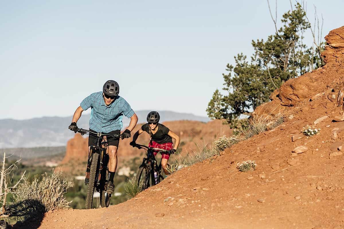 mountain biker winter gear in sedona wearing club ride shirts