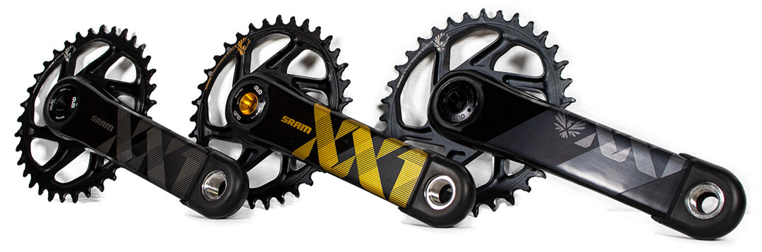 SRAM XX1 Cranks and Chainring showing 3 color options