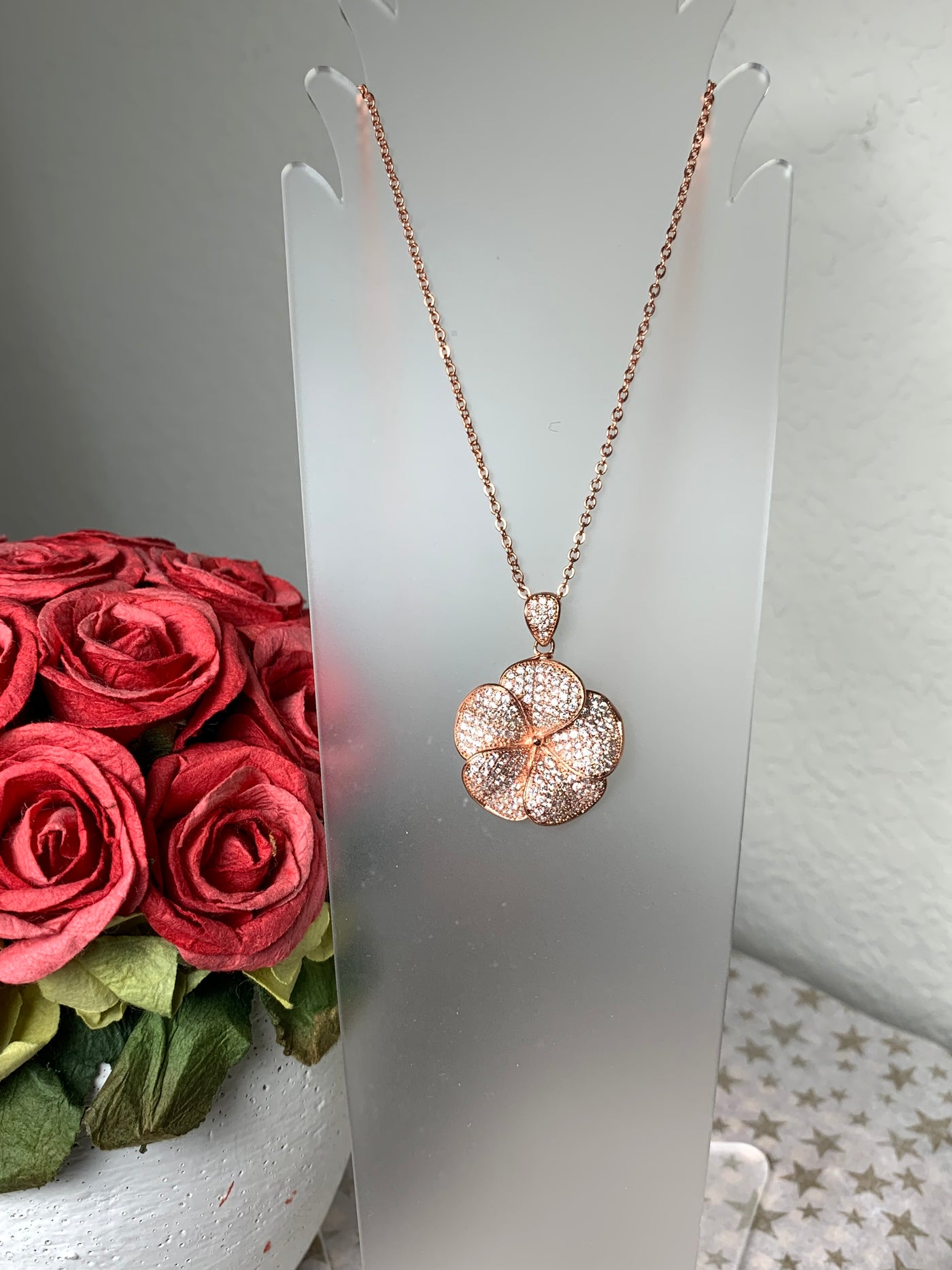 "Larger" Pave Set Cubic Zirconia Flower Pendant in Silver, Yellow Gold and Rose Gold Tone