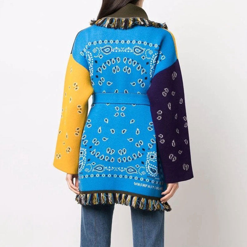 Boho Multicolored Panel Wool Blend Paisley Jacquard Knit Long