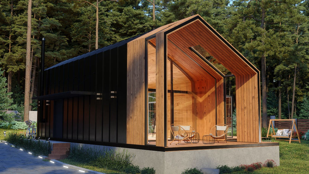 Exterior Of Wooden Tiny House With Forest Background