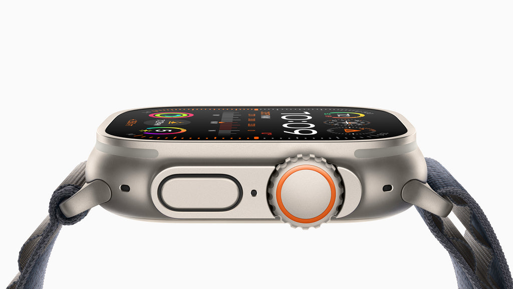 Perfil del Apple Watch Ultra 2 que muestra el Digital Crown y pantalla con brillo de 3000 nits