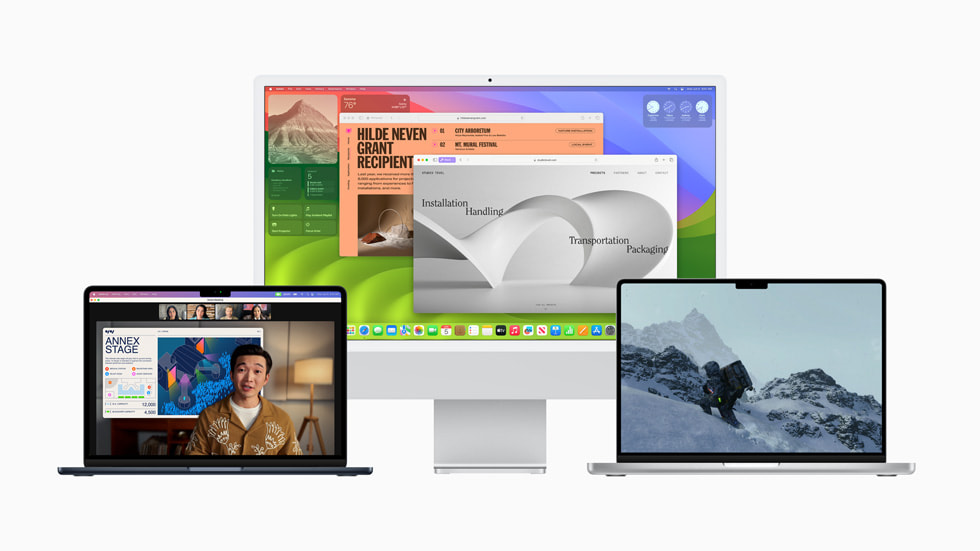MacOS Sonoma en MacBook Air, iMac de 27” y MacBook Pro. Vista frontal. Tu nuevo Mac sólo en Mac Center.