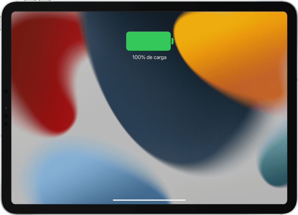 iPad muestra en su pantalla el ícono de su batería 100% cargada, que es el indicador normal de un dispositivo funcional