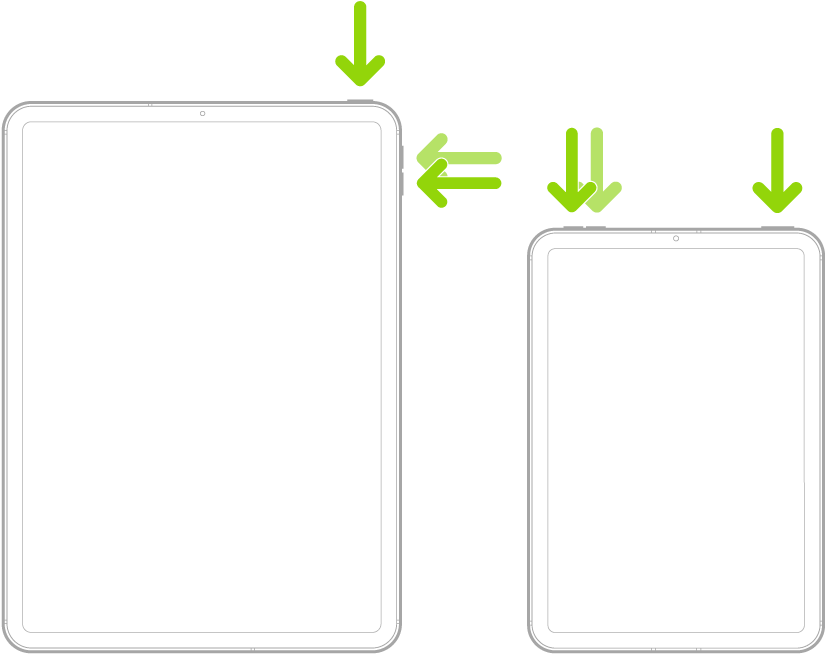 Vector de dos iPads sin botón de inicio señalan el presionar el botón superior y de volumen para reiniciar