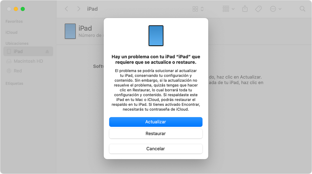 Pantalla de un Mac muestra el aviso con las opciones para restaurar o actualizar el iPad al identificar un problema