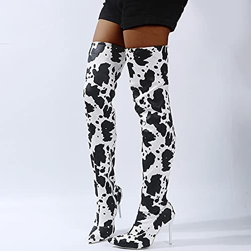 cow print thigh boots