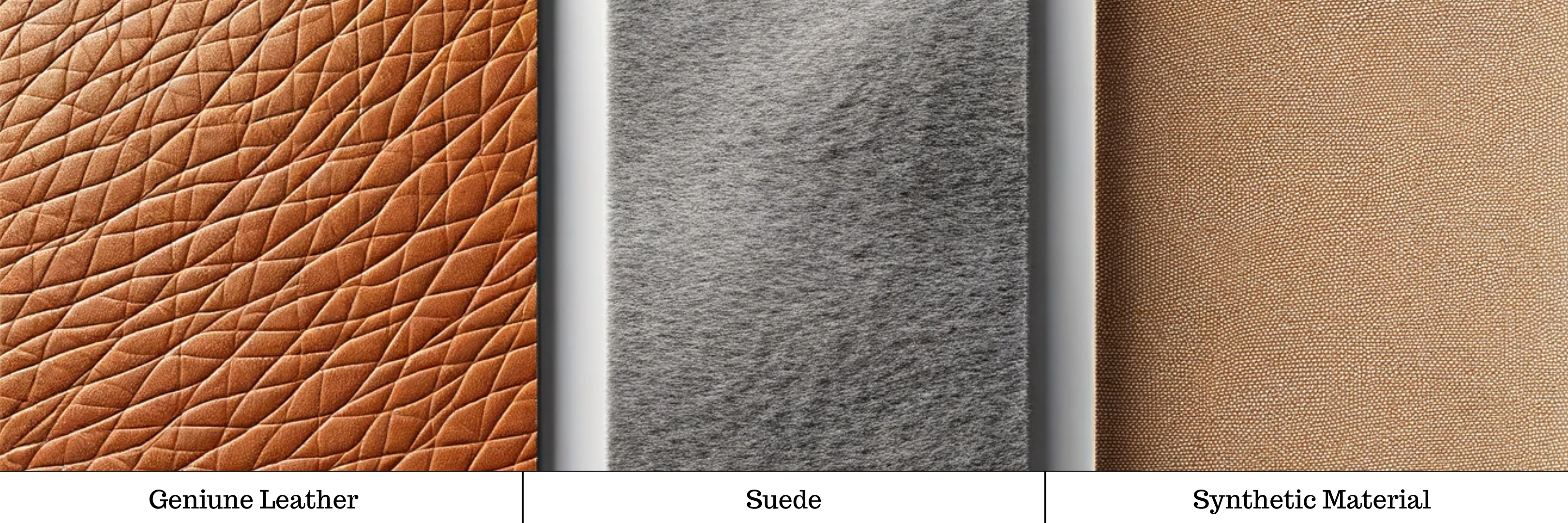 material sample image of genuine leather, suede and synthetic material in a footwear