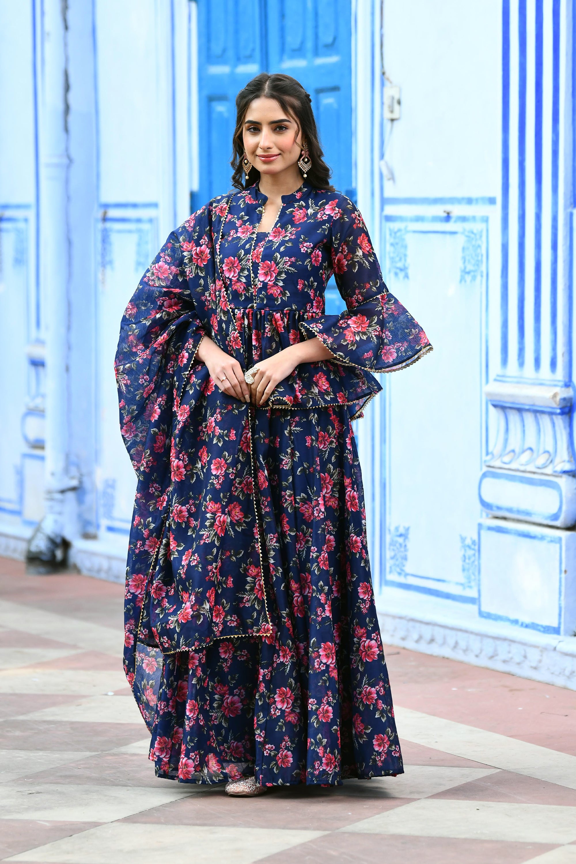 Indigo Floral print Lehenga set  BY SARAS THE LABEL -3PC SET - Saras The Label product image