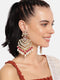 Women's  Maroon Gold Plated Enamel Glided With Kundans & Pearls Long Earrings