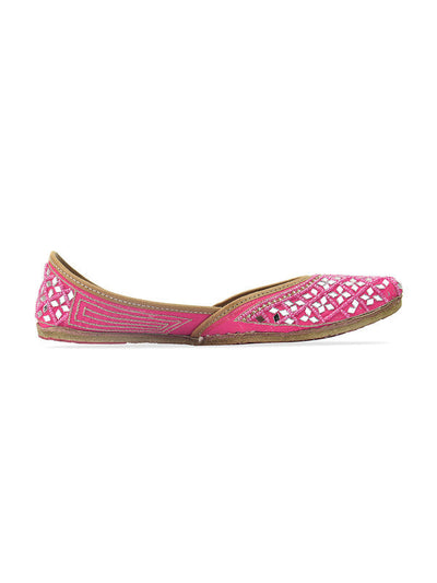 Women's Magenta Pink Mirror Work Leather Embroidered Indian Handcrafted Ethnic Comfort Footwear - Saras The Label