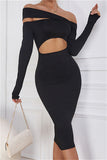Fashion Sexy Solid Hollowed Out Off the Shoulder Long Sleeve Dresses