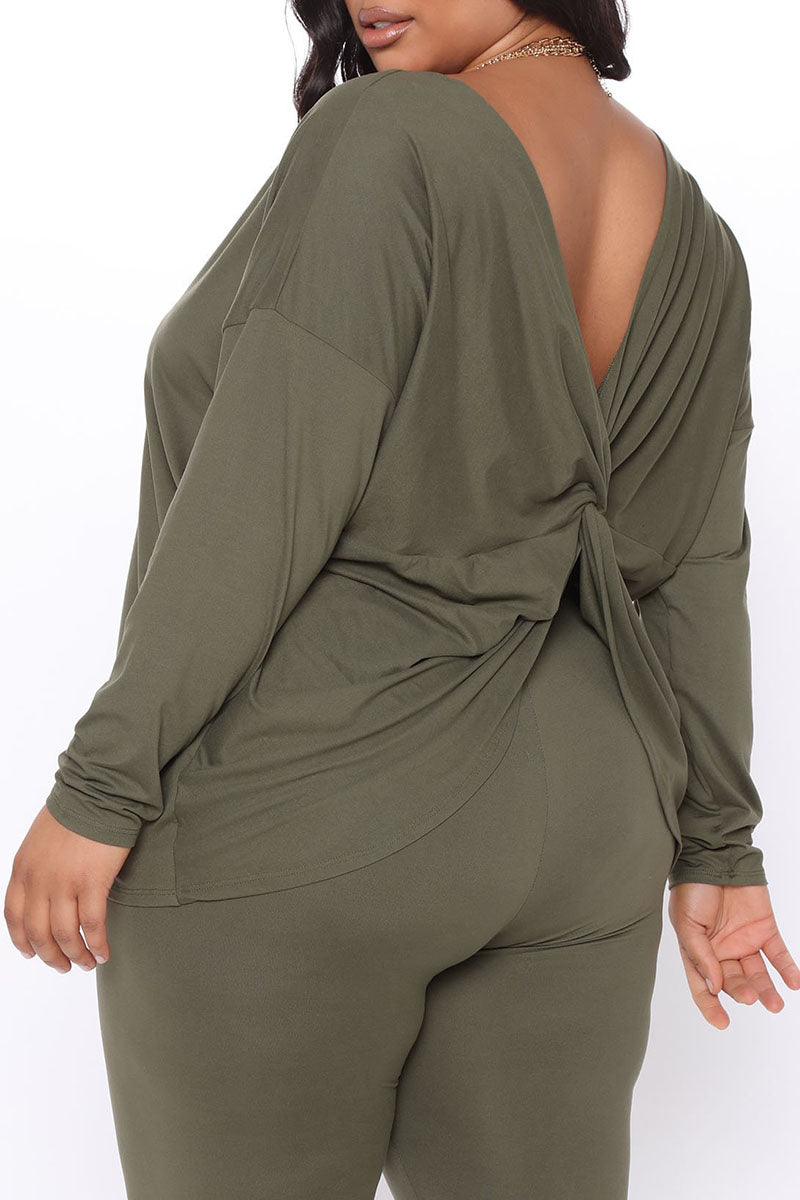 Sexy Solid Backless V Neck Plus Size Two Pieces