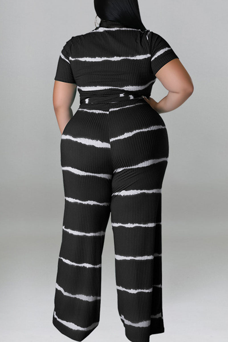 Casual Striped Print Bandage Patchwork O Neck Plus Size Two Pieces