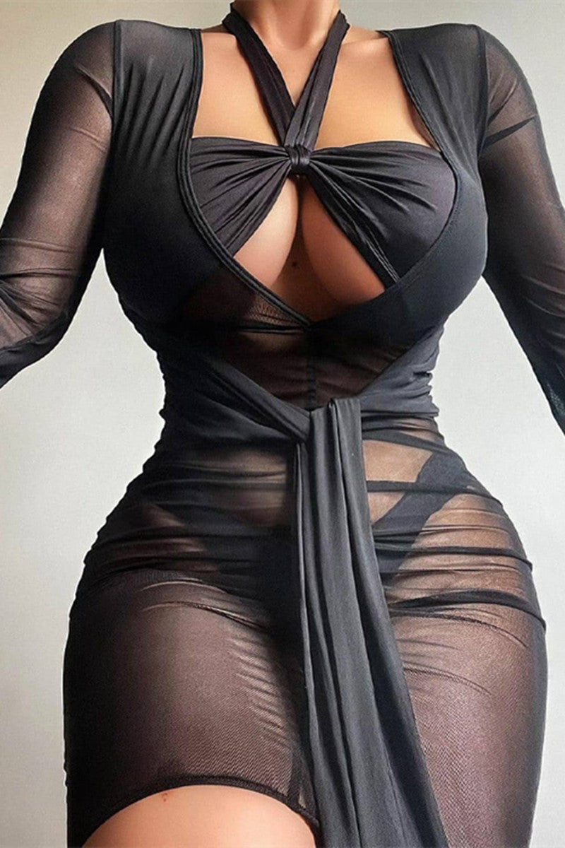 Sexy Solid Bandage See-through V Neck Long Sleeve Dresses