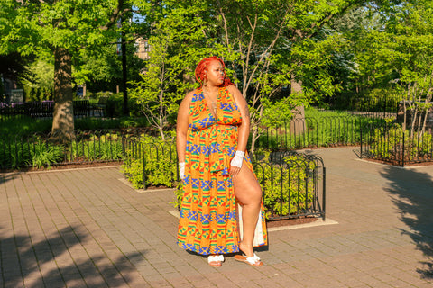 Model with Long flowy kente dress