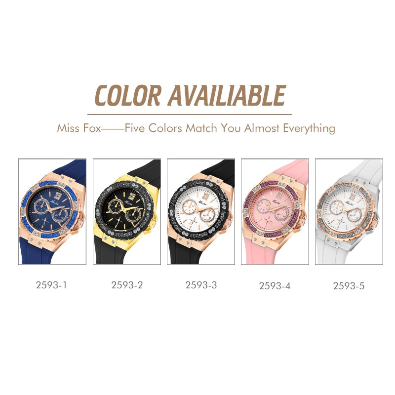 MISSFOX 2593 Women's Watches Chronograph Rose Gold Sport Watch Ladies Diamond Blue Rubber Band Xfcs Analog Female Quartz Wristwatch