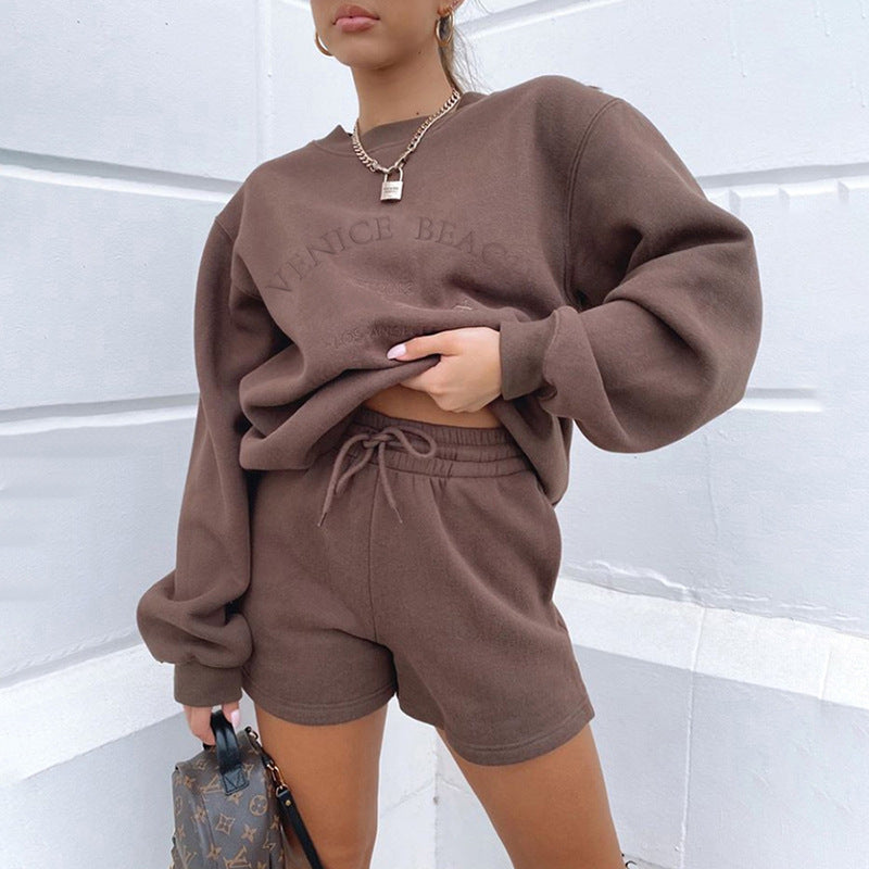 Style Spring And Summer Foreign Trade New Letter Embroidered Fleece Thickened Loose All match Casual Sweater Brown shorts