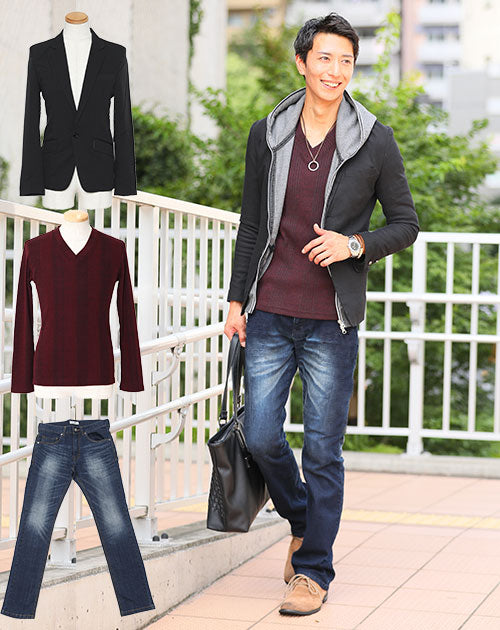 黒ジャケット×杢ワインTシャツ×紺デニムパンツ3点コーデセット