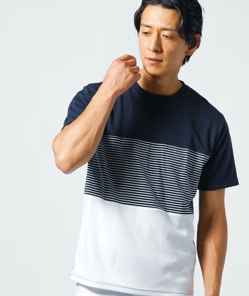 社内恋愛デート服メンズ3点コーデセット ネイビーボーダー半袖Tシャツ×ブルー7分袖サマーパーカー×白ストレッチスリムパンツ