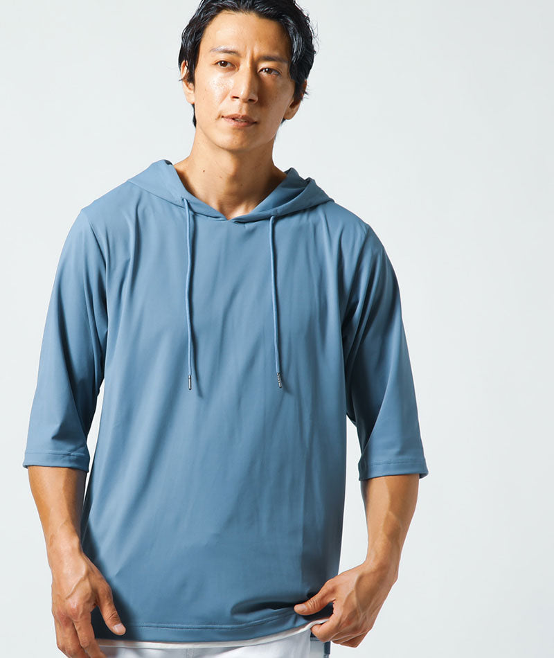 社内恋愛デート服メンズ3点コーデセット ネイビーボーダー半袖Tシャツ×ブルー7分袖サマーパーカー×白ストレッチスリムパンツ