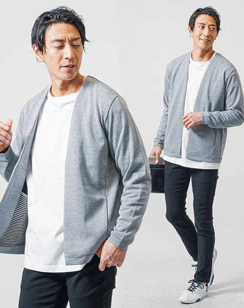 お花見デート服メンズ3点コーデセット グレー長袖カーディガン×白長袖Tシャツ×黒スキニーストレッチチノパンツ