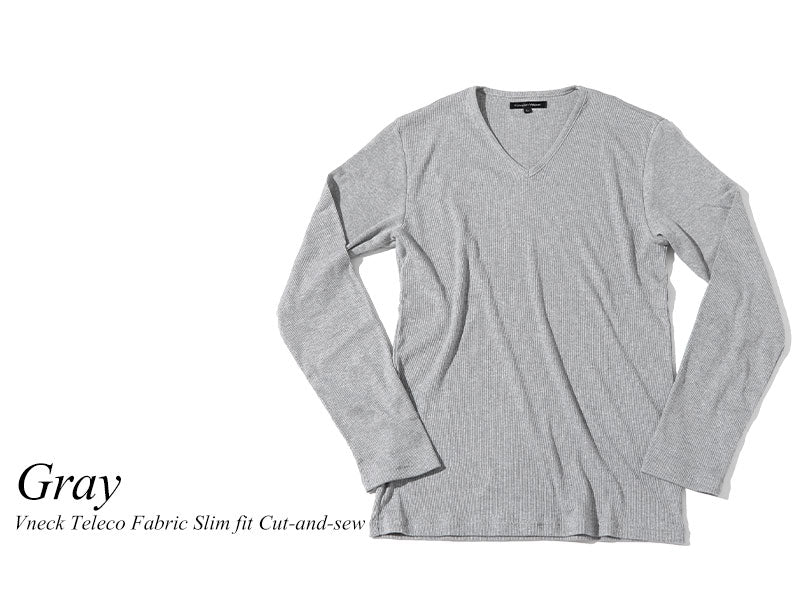 【ウエストの絞りの効いた細身Tシャツ】Ｖネック長袖テレコ素材スリムフィットカットソー 日本製 Biz